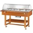 HOT BAIN MARIE TROLLEY - MOD. ELC2832 - Solid wood construction - Temperature range +30° +90°C - Plexiglass dome display lid - Capacity n° 4 x GN1/1 H15 cm - Supply 230V/50Hz - Dimensions cm L148xD112xH125