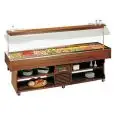 REFRIGERATED ISLAND BUFFET DISPLAY - MOD. ISLAND8 - WOODEN FRAME - TEMPERATURE °C +4/+10 - POWER W 490 - SUPPLY SINGLE PHASE V 230/1/50 Hz - STATIC COOLING - REFRIGERANT GAS R290 - AUTO DEFROST - DIMENSIONS Cm L 272,3 x D 75 x h 152,8 - WEIGHT Kg 240