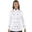LADY GRANCHEF WOMENS CHEFS JACKET - MOD. 057511 - 100% COTTON - ROUND BLACK BUTTONS - COLOUR: WHITE WITH ELEGANT BLACK PIPING ON CUFFS AND COLLAR