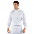 PECHINO CHEFS JACKET - MOD. 057451 - 100% COTTON - ROUND BLACK BUTTONS - SIDE PLEATS - UNDERARM AIRING NET - BREAST AND PEN POCKET - COLOUR: WHITE WITH BLACK PIPING ON CUFFS AND COLLAR