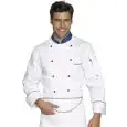 EUROCHEF CHEFS JACKET - MOD. 057099 - 100% COTTON - DOUBLE-BREASTED - ROUND BLUE BUTTONS - BREAST AND PEN POCKET - COLOUR: WHITE WITH BLUE PIPING ON BREAST POCKET AND CUFFS - BLUE COLLAR WITH EUROPEAN FLAG EMBROIDERY
