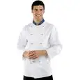 EUROITALY CHEFS JACKET - MOD. 057199 - 100% COTTON - DOUBLE-BREASTED - ROUND GOLD-COLOURED BUTTONS - BREAST AND PEN POCKET - COLOUR: WHITE WITH EUROPEAN FLAG EMBROIDERY ON COLLAR - ITALIAN FLAG PIPING ON COLLAR OUTLINE