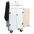 DIRTY LAUNDRY AND CLEANERS TROLLEY - MOD. CA1530 - Painted sheet structure - N. 3 adjustable middle shelves - N. 1 fire-proof fabric bag - Detergent tray - Dimensions cm L80/153xD50xH158