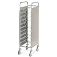 TRAY TROLLEY - MOD. GN/EN ACCIAIO - SQUARE TUBULAR STAINLESS STEEL STRUCTURE cm. 2X2 - "L"-SHAPED STAINLESS STEEL RUNNERS - TRAY CAPACITY GN OR EN - STAINLESS STEEL SIDE PANELS - SWIVEL CASTORSø cm. 12,5 - EC STANDARDS