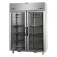 UPRIGHT FRIDGE - STAINLESS STEEL AISI 304 - VENTILATED COOLING - REFRIGERATED DUAL TEMP LT+LT - Mod. AF I4 MID NNPV - CAPACITY Lt 1380 - 2 GLASS DOORS - 2 INTERIOR NEON LIGHTS - TEMPERATURE LT -18°/-22°C - Dimensions cm L 142 x D 80 x H 203/210 - EC Stand