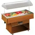 REFRIGERATED GASTRONOMY ISLAND BUFFET DISPLAY - MOD. DELIZIE - MANUAL HOOD LIFT - TEMPERATURE °C +4/+10 - AUTO DEFROST - STATIC COOLING - DIMENSIONS Cm L 142,3 x D 75 x h 153,8