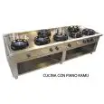 GAS WOK COOKER, 7 BURNERS  - MOD. EE07 - Entirely made to measure - Open cupboard - Smooth cooktop - Gas power choices kW 9,5/14/21 - Dimensions: cm L 200 x D 100 x H 85 - CE approved