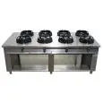 GAS WOK COOKER, 8 BURNERS  - MOD. EE08 - Entirely made to measure - Open cupboard - Smooth cooktop - Gas power choices kW 9,5/14/21 - Dimensions: cm L 200 x D 100 x H 85 - CE approved