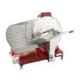 GRAVITY FEED SLICER - Mod. BKL 300 R LUX - Painted red - Blade in stainless steel ø 300 - Cut capacity mm l 235 x D 170 - Fixed blade sharpener - Carriage block - Aluminium knobs - Single phase 230V/1/50 Hz - EC standards