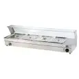 COUNTERTOP BAIN MARIE DISPLAY - Mod. BM143 - Tank capacity n. 4 GN 1/3 - With tap - Digital control - Max temperature +90°C - Single phase - Power W 1000 - Dimensions cm L 86,2 x D 36,5 x 33h - Weight kg 16 - EC standards
