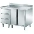 Stainless steel work table with swing doors - 3-drawer drawer unit - worktop thickness cm 4 - with upstand
