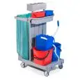 PLASTIC MULTI-PURPOSE CLEANER'S TROLLEY - MOD. CA1615 - N. 2 plastic buckets Lt. 15 - Wringer - Bag holder - Medium-sized plastic tray - Detergent tray - Dim. cm L 92 x D 68 x h 124