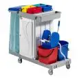 PLASTIC MULTI-PURPOSE CLEANER'S TROLLEY - MOD. CA1616 - N. 2 plastic buckets Lt. 15 - Wringer - Bag holder - Medium-sized plastic tray - Detergent tray - cupboard with sliding drawer - Dim. cm L 133 x D 68 x h 124