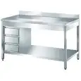 Stainless steel work table - square legs 4x4cm - 3-drawer drawer unit - worktop thickness cm 4 - with upstand