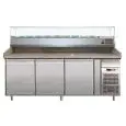 REFRIGERATED PIZZA COUNTER - STAINLESS STEEL AISI 304 - WITH PREP UNIT DISPLAY - COUNTER SUITABLE FOR PIZZA CONTAINERS cm 60x40 - VENTILATED COOLING - Mod. PZ3600TN33 - TRIPLE SOLID DOOR - TEMPERATURE RANGE +2°/+8°C - Dimensions cm L202 x D80 x h144,5 - C