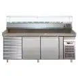 REFRIGERATED PIZZA COUNTER - STAINLESS STEEL AISI 304 - WITH PREP UNIT DISPLAY - COUNTER SUITABLE FOR PIZZA CONTAINERS cm 60x40 - VENTILATED COOLING - Mod. G-PZ2610TN33 - DOUBLE SOLID DOOR + 1 AMBIENT DRAWER UNIT - TEMPERATURE RANGE +2°/+8°C - Dimensions 