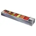 REFRIGERATED TOPPING DISPLAY - COUNTERTOP - Mod. MAXI - Temperature +2°/+10°C - Capacity: various GN pan formats - SINGLE PHASE V230/1 - Power kW 0,18 - Dimensions cm. L 208 x D 41 x h 22 - Weight Kg. 30
