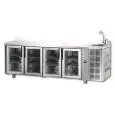 REFRIGERATED COUNTER WITH UPSTAND - STAINLESS STEEL AISI 304 - Mod. UG04MPVLAL - SINK INCLUDED - VENTILATED COOLING - GASTRONORM 1/1 - N. 4 GLASS DOORS - TEMPERATURE 0°/+10°C - Dimensions cm. L 232 x D 70 x H 115/120 - EC standards