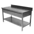 Stainless steel work table - square legs 4x4cm - bottom shelf - drawers below worktop - worktop thickness cm 4 - with upstand