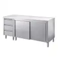 Stainless steel work table with sliding doors - 3-drawer drawer unit - worktop thickness cm 4