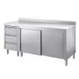 Stainless steel work table with sliding doors - 3-drawer drawer unit - worktop thickness cm 4 - with upstand