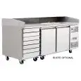 REFRIGERATED PIZZA COUNTER - STAINLESS STEEL - Mod. FQG4591 - VENTILATED COOLING - N. 2 DOORS - N. 7 AMBIENT DRAWERS cm 60x40 - TEMPERATURE 0°/+8°C - Dim. cm. L 201 x D 80 x h 100/160 - CE approved