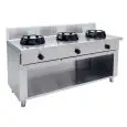 GAS WOK COOKER, 3 BURNERS  - MOD. EE03 - Entirely made to measure - Open cupboard - Smooth cooktop - Gas power choices kW 9,5/14/21 - Dimensions: cm L 150 x D 50 x H 85 - CE approved