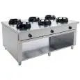 GAS WOK COOKER, 6 BURNERS, CONTROLS ON BOTH SIDES - MOD. EE063C - Entirely made to measure - Open cupboard - Smooth cooktop - Gas power choices kW 9,5/14/21 - Dimensions: cm L 180 x D 120 x H 85 - CE approved