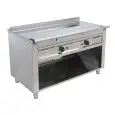 GAS TEPPANYAKI GRIDDLE, 2 BURNERS  - MOD. VGP2100L - 2 cooking zones - Entirely made to measure - Open cupboard - Shiny hard chrome cooking plate - Perimetral runner - Gas power kW 11,6 (2x5,8 kW) - Dimensions: cm L 100 x D 72 x H 85 - CE approved