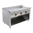 GAS TEPPANYAKI GRIDDLE, 3 BURNERS  - MOD. VGP3140L - 3 cooking zones - Entirely made to measure - Open cupboard - Shiny hard chrome cooking plate - Perimetral runner - Gas power kW 17,4 (3x5,8 kW) - Dimensions: cm L 140 x D 72 x H 85 - CE approved