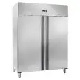 UPRIGHT FRIDGE - STAINLESS STEEL - VENTILATED COOLING - Mod. AK1414TN - GASTRONORM 2/1 (cm 65 x 53) - Double door - LOCK INCLUDED - CAPACITY L 1400 - TEMPERATURE -2° /+8° C - Dim. cm L 148 x D 83 x h 201 - CE approved