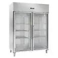 UPRIGHT FRIDGE - Stainless steel - Ventilated - Mod. AK1414TNG - Gastronorm 2/1 (cm 65 x 53) - 2 glass doors - Capacity 1333 liters - Temperature -2°/+8°C - Dimensions cm L 148 x D 83 x H 201 - Weight Kg 195 - CE approved