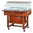 REFRIGERATED TROLLEY - MOD. CLR2787 - Solid wood construction - Static cooling - Temperature range +2° +10°C (when closed with lids) - Plexiglass dome display lid - Capacity n° 3 x GN1/1 H15 cm - Supply 230V/50Hz - Dimensions cm L111xD90xH126