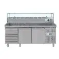 REFRIGERATED PIZZA COUNTER - STAINLESS STEEL - WITH PREP UNIT DISPLAY - COUNTER SUITABLE FOR PIZZA CONTAINERS cm 60x40 - VENTILATED COOLING - Mod DB2610TN38 - DOUBLE SOLID DOOR + 1 AMBIENT DRAWER UNIT - Temperature range -2°/+8°C - Dimensions cm L202,5 x