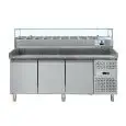 REFRIGERATED PIZZA COUNTER - STAINLESS STEEL - WITH PREP UNIT DISPLAY - COUNTER SUITABLE FOR PIZZA CONTAINERS cm 60x40 - VENTILATED COOLING - Mod DB3600TN38 - TRIPLE SOLID DOOR - Temperature range -2°/+8°C - Dimensions cm L202,5 x D80 x h145,5