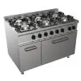 GAS COOKER, FREE-STANDING, 6-BURNERS - MOD. G7NURG6FH3M3G - With pilot light - Electric oven, static GN 2/1 cm L 68,5 x D 53 x 35 H - Cupboard with hinged door - Gas power kW 36 - Dimensions: cm L 120 x D 70 x H 85 - CE approved