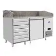 REFRIGERATED PIZZA COUNTER - STAINLESS STEEL - Mod. EPF3490GR - ENERGY CLASS A - SUITABLE FOR PIZZA CONTAINERS cm 60x40 - VENTILATED COOLING - N. 1 DOOR - N. 7 AMBIENT DRAWERS cm 60x40 - TEMPERATURE -2°/+8°C - Dim. cm. L 151 x D 80 x h 100/160 - CE APPROV
