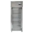 UPRIGHT FRIDGE - STAINLESS STEEL AISI 201 - VENTILATED COOLING - Mod. G-GN650BTG-FC - GASTRONORM 2/1 (cm 65x53) - SINGLE GLASS DOOR - CAPACITY LT 700 - TEMPERATURE RANGE -18°/-22º C - Dimensions cm L74 x D83 x h201 - CE APPROVED