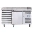REFRIGERATED PIZZA COUNTER - STAINLESS STEEL AISI 201 - FOR PIZZA CONTAINERS cm 60x40 - VENTILATED COOLING - Mod. G-PZ1610TN-FC - 1 SOLID DOOR + 1 AMBIENT DRAWER UNIT WITH 7 DRAWERS - Temperature range -2°/+8°C - Dimensions cm 151X80X100 - CE APPROVED