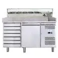 REFRIGERATED PIZZA COUNTER - STAINLESS STEEL AISI 201 - WITH PREP UNIT DISPLAY - COUNTER SUITABLE FOR PIZZA CONTAINERS cm 60x40 - VENTILATED COOLING - Mod. G-PZ1610TN33-FC - 1 SOLID DOOR + 1 AMBIENT DRAWER UNIT WITH 7 DRAWERS - Temperature range -2°/+8°C 