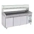 REFRIGERATED PIZZA COUNTER - STAINLESS STEEL AISI 201 - WITH PREP UNIT DISPLAY - COUNTER SUITABLE FOR PIZZA CONTAINERS cm 60x40 - VENTILATED COOLING - Mod. G-PZ3600TN33 FC - TRIPLE SOLID DOOR - Temperature range -2°/+8°C - Dimensions cm L202 x D80 x h143,