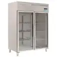 Upright freezer - Stainless steel AISI 201 - Mod M-GN1410BTG-FC - Gastronorm 2/1 (65 x 53 cm) - Ventilated - 2 glass doors - Capacity 1300 liters - Temperature -18°/-22°C - Dimensions cm L 148 x D 83 x 201 H