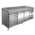 REFRIGERATED PIZZA COUNTER - AISI 304 STAINLESS STEEL - SUITABLE FOR PIZZA CONTAINERS cm 60x40 - VENTILATED COOLING - Mod PZ2610TN - N 2 REFRIGERATED DOORS + 1 AMBIENT DRAWER UNIT WITH N 7 DRAWERS - TEMPERATURE +2°/+8°C - Dim cm L 202,5 x D 80 x h 100