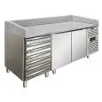 REFRIGERATED PIZZA COUNTER - AISI 304 STAINLESS STEEL - SUITABLE FOR PIZZA CONTAINERS cm 60x40 - VENTILATED COOLING - Mod PZF02C - N 2 REFRIGERATED DOORS + 1 AMBIENT DRAWER UNIT WITH N 7 DRAWERS - TEMPERATURE +2°/+8°C - Dim cm L 202,5 x D 80 x h 100