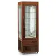 REFRIGERATED PATISSERIE DISPLAY - MOD. SALOON 350 Q - SOLID WOOD FRAME - Temp. °C +4/+10 - SINGLE-PHASE POWER SUPPLY - POWER W 600 - CAPACITY 350 LT - FAN-COOLED REFRIGERATION - DIM cm L 60,7 x D 66 x H 182,5 - WEIGHT KG 146