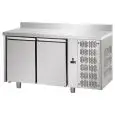 REFRIGERATED COUNTER WITH UPSTAND - STAINLESS STEEL AISI 304 - VENTILATED COOLING - Mod. UG02MGNAL - GASTRONORM 1/1 - N. 2 DOORS - TEMPERATURE 0°/+10°C - Dimensions cm. L 142 x D 70 x H 95/102 - EC standards