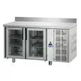 REFRIGERATED COUNTER WITH UPSTAND - STAINLESS STEEL AISI 304 - VENTILATED COOLING - Mod. UG02MPVAL - GASTRONORM 1/1 - N. 2 GLASS DOORS - TEMPERATURE 0°/+10°C - Dimensions cm. L 142 x D 70 x H 95/102 - EC standards
