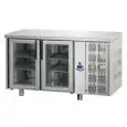 REFRIGERATED COUNTER - STAINLESS STEEL AISI 304 - VENTILATED COOLING - Mod. UG02MPV - GASTRONORM 1/1 - N. 2 GLASS DOORS TEMPERATURE 0°/+10°C - Dimensions cm. L 142 x D 70 x H 85/92 - EC standards