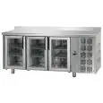 REFRIGERATED COUNTER WITH UPSTAND - STAINLESS STEEL AISI 304 - VENTILATED COOLING - Mod. UG03MPVAL - GASTRONORM 1/1 - N. 3 GLASS DOORS - TEMPERATURE 0°/+10°C - Dimensions cm. L 187 x D 70 x H 95/102 - EC standards