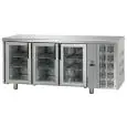 REFRIGERATED COUNTER - STAINLESS STEEL AISI 304 - VENTILATED COOLING - Mod. UG03MPV - GASTRONORM 1/1 - N. 3 GLASS DOORS - TEMPERATURE 0°/+10°C - Dimensions cm. L 187 x D 70 x H 85/92 - EC standards